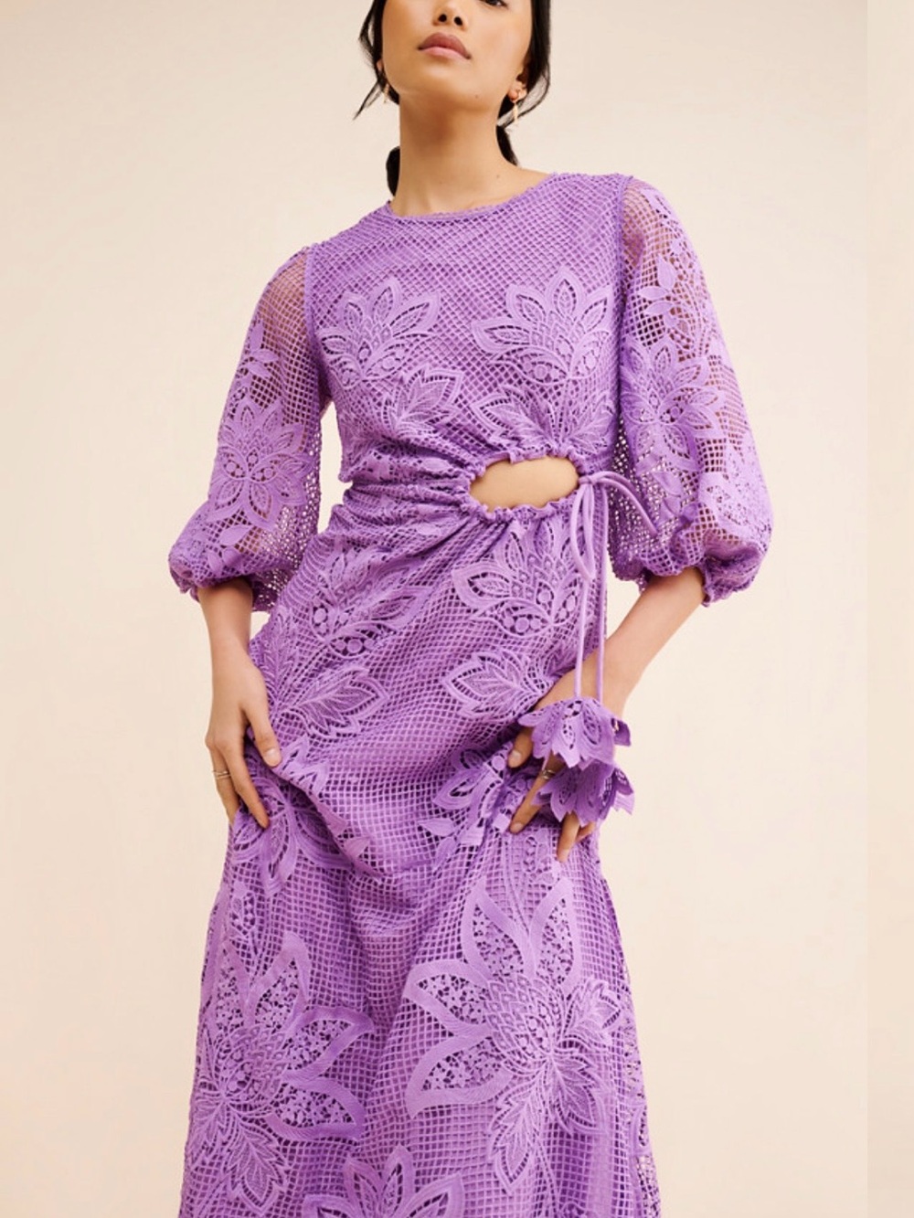 FARM Rio Lavender Crochet Cutout Midi Dress